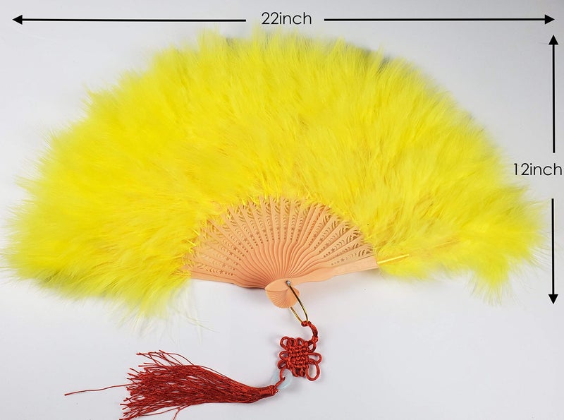 HAPPY FEATHER مروحة يدوية من ريش المارابو السعيد، طراز فلابر من عشرينيات القرن الماضي لمناسبات الأزياء والرقص - أصفر - Image 5